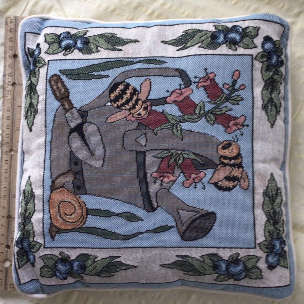 Garden Tool Needlepoint Decorative Pillow - Blue, Gray, Green